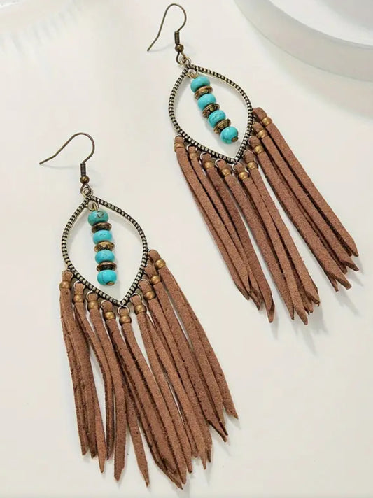 Handmade Boho Style Turquoise Tassel Earrings