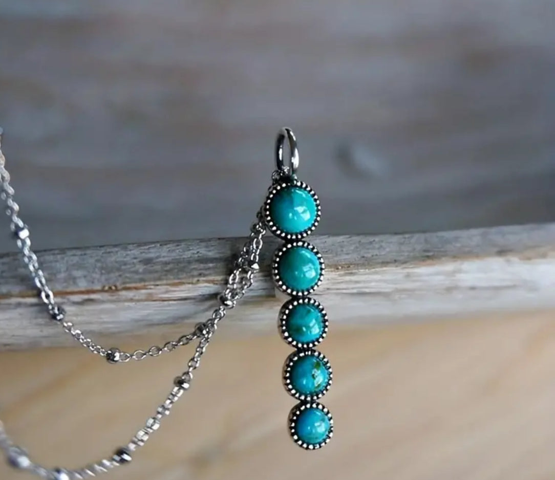 Long Boho-Bar Turquoise Gemstone Silver-Plated Necklace