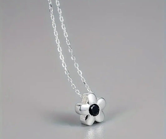 925 Sterling Silver Petite Daisy Necklace with Black Zirconia