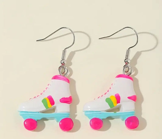 Hot Pink and White Rollerskate Dangle Earrings