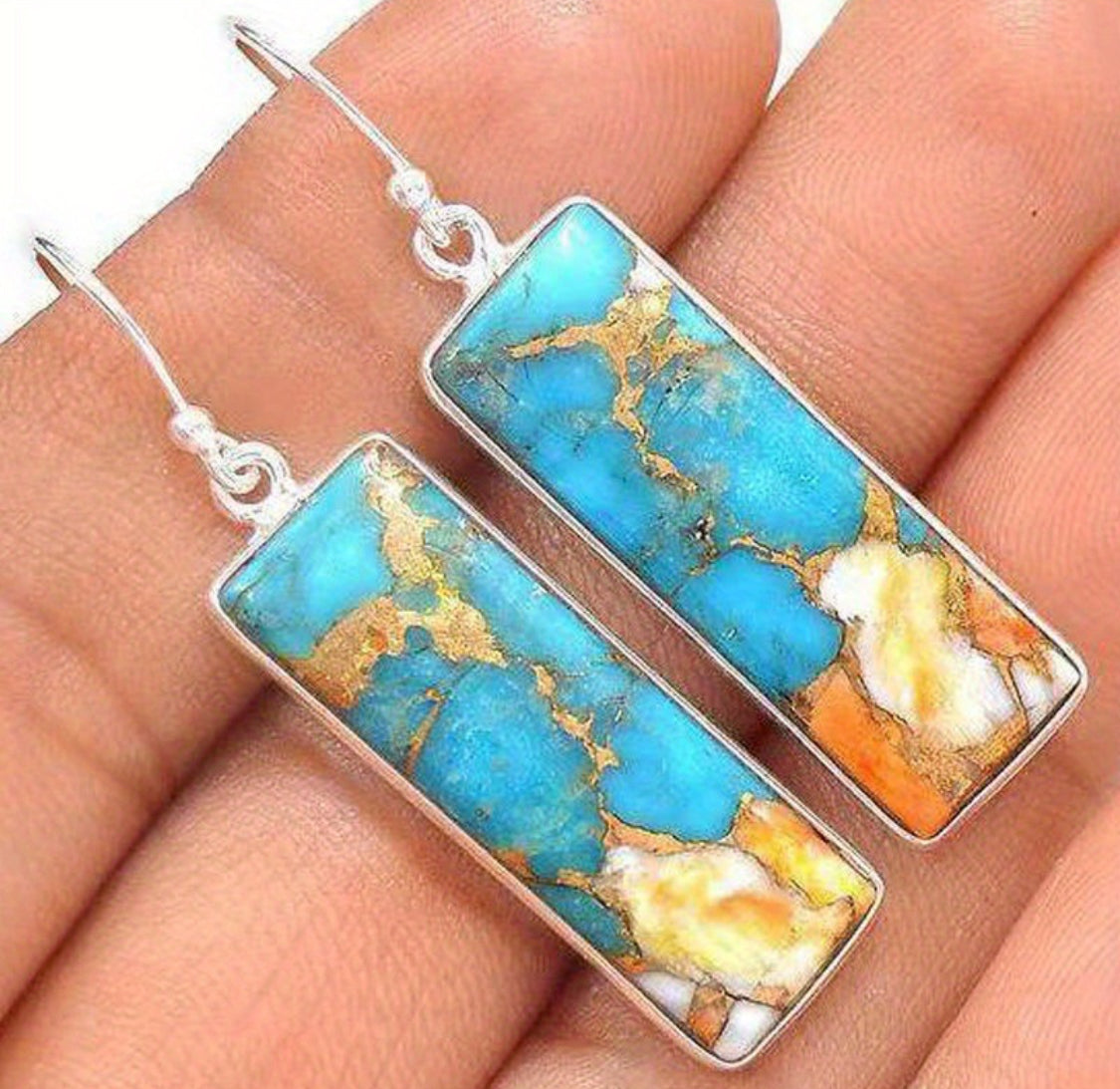 Silver-Plated Blue-Green Turquoise Dangle Earrings