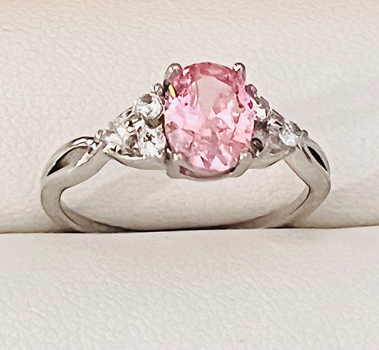 Shimmery Oval Pink Zirconia Silver-Colored Copper Ring