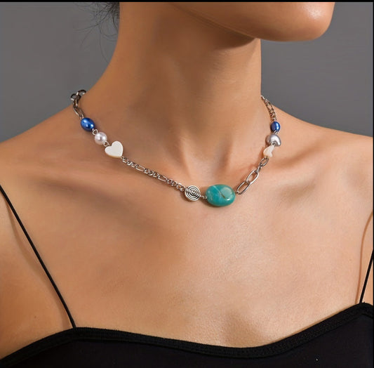 Adjustable, Sweet Turquoise & Faux Pearls Choker Necklace - Silver Plated.